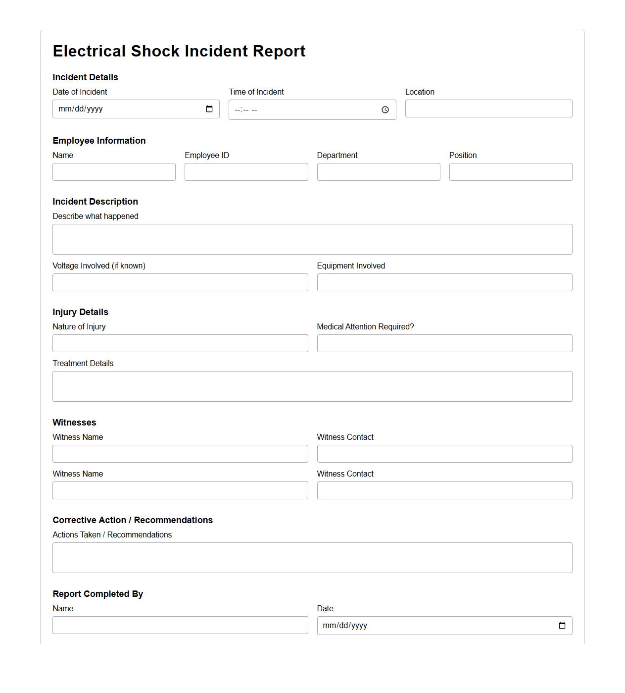 Electrical Shock Incident Report Sample