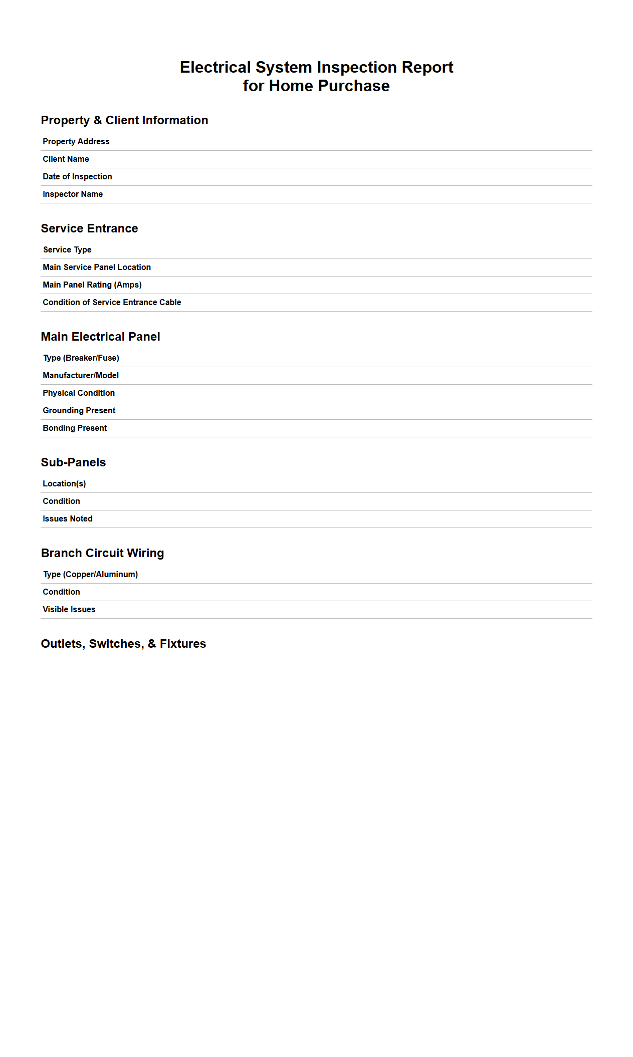 Electrical System Inspection Report for Home Purchase