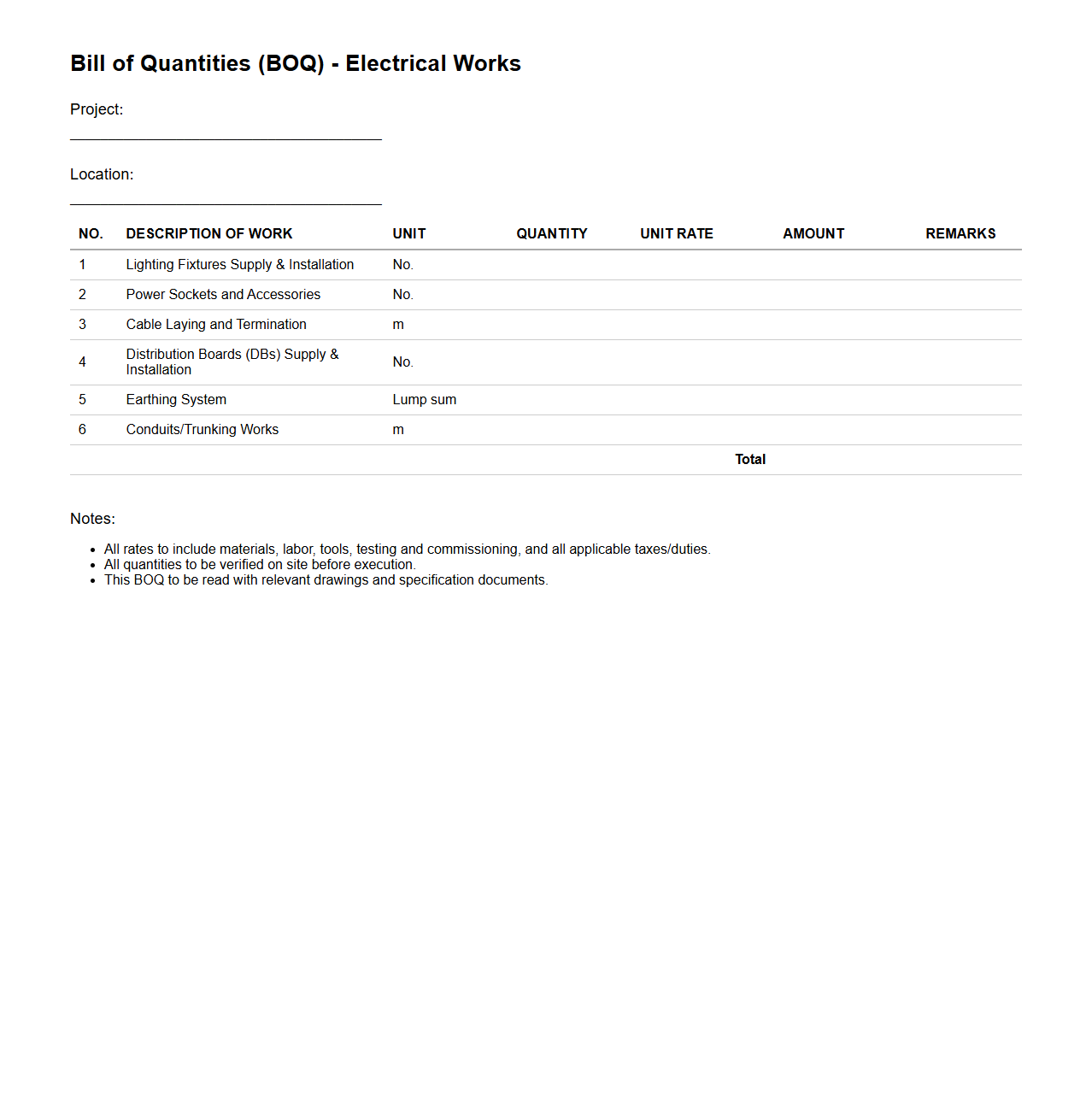 Electrical Works BOQ Format for Tender
