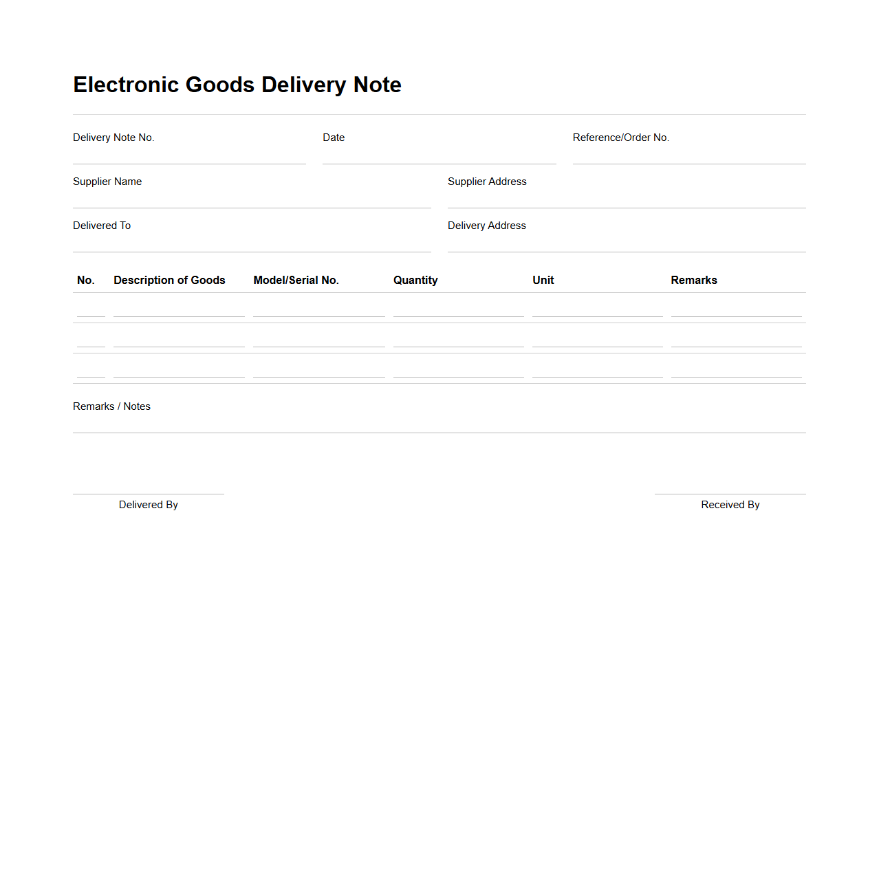 Electronic Goods Delivery Note Template