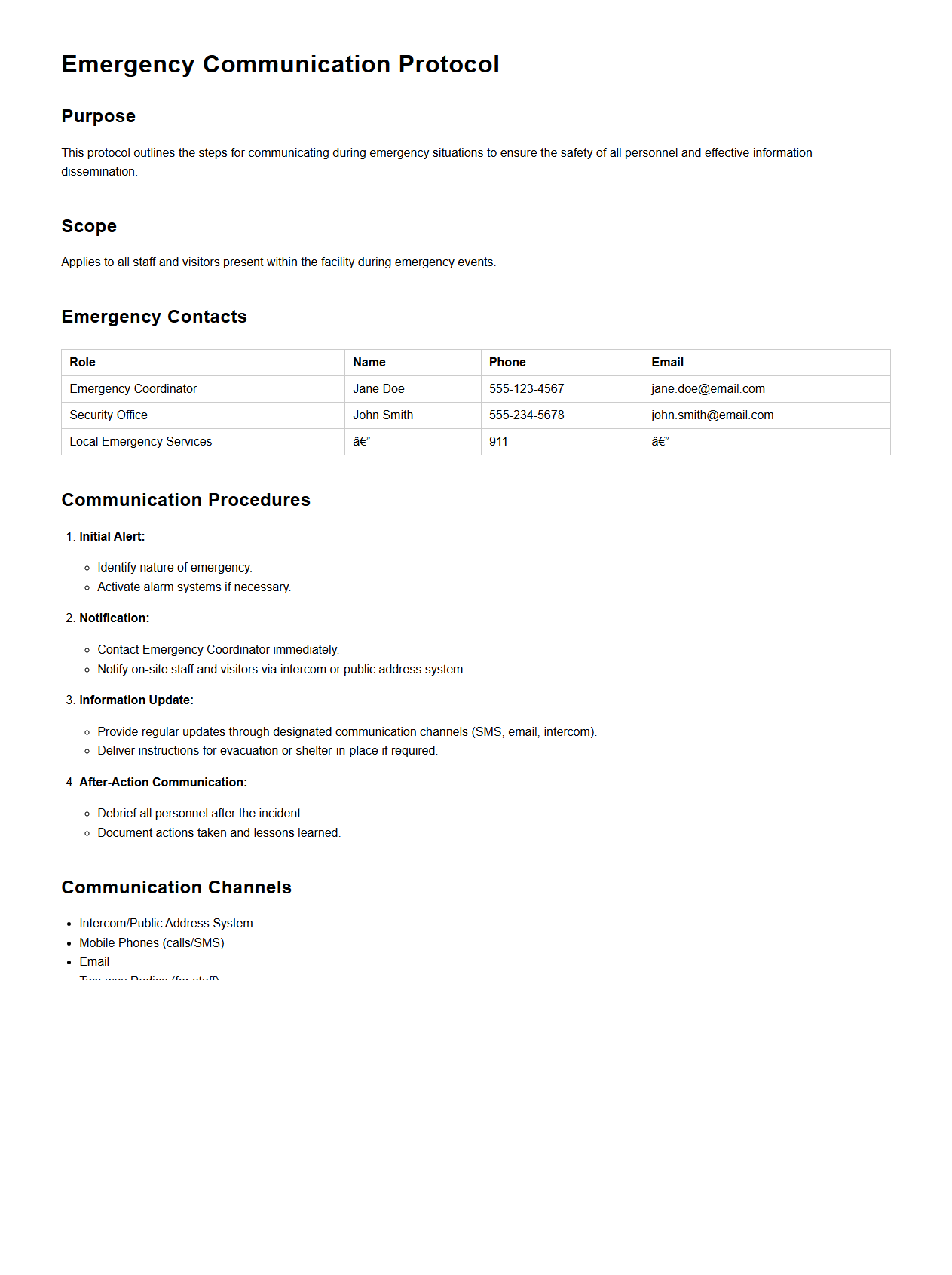 Emergency Communication Protocol Sample