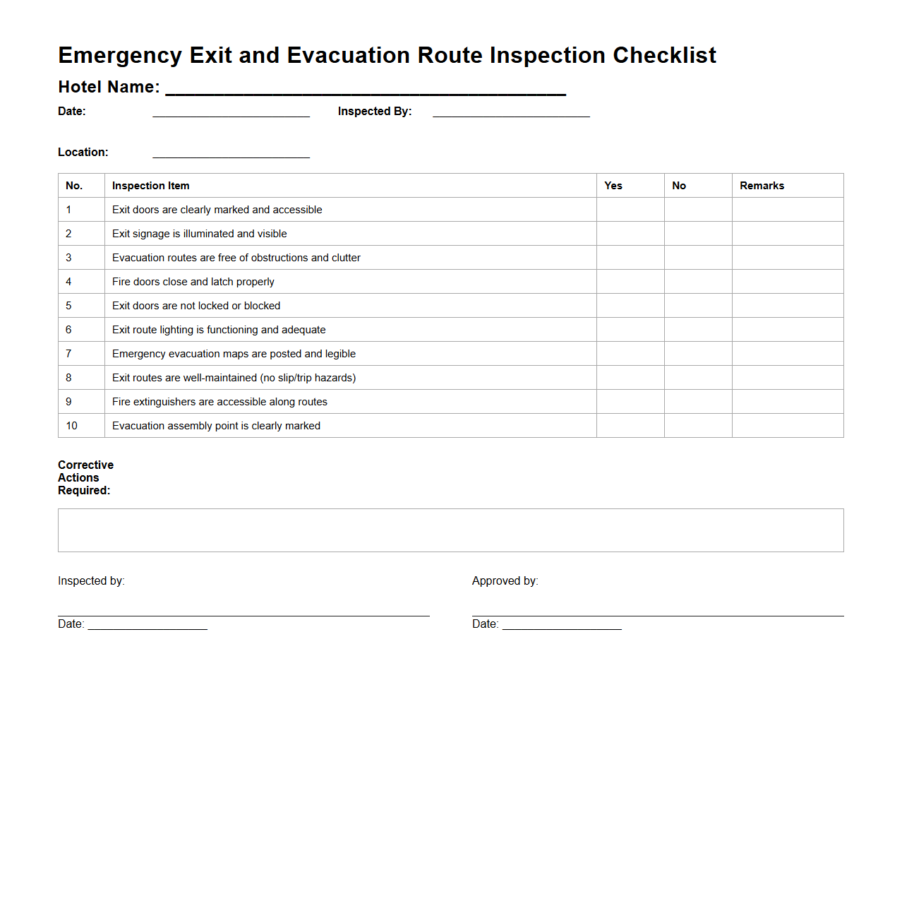 Emergency Exit and Evacuation Route Inspection Checklist for Hotels