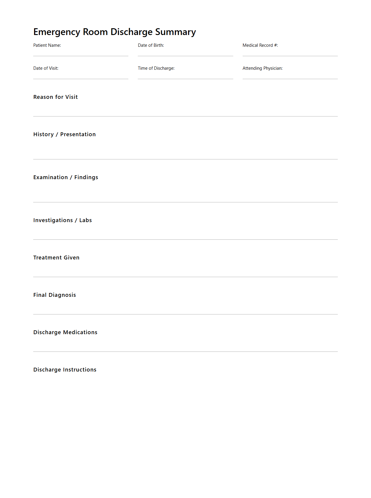 Emergency Room Discharge Summary Document
