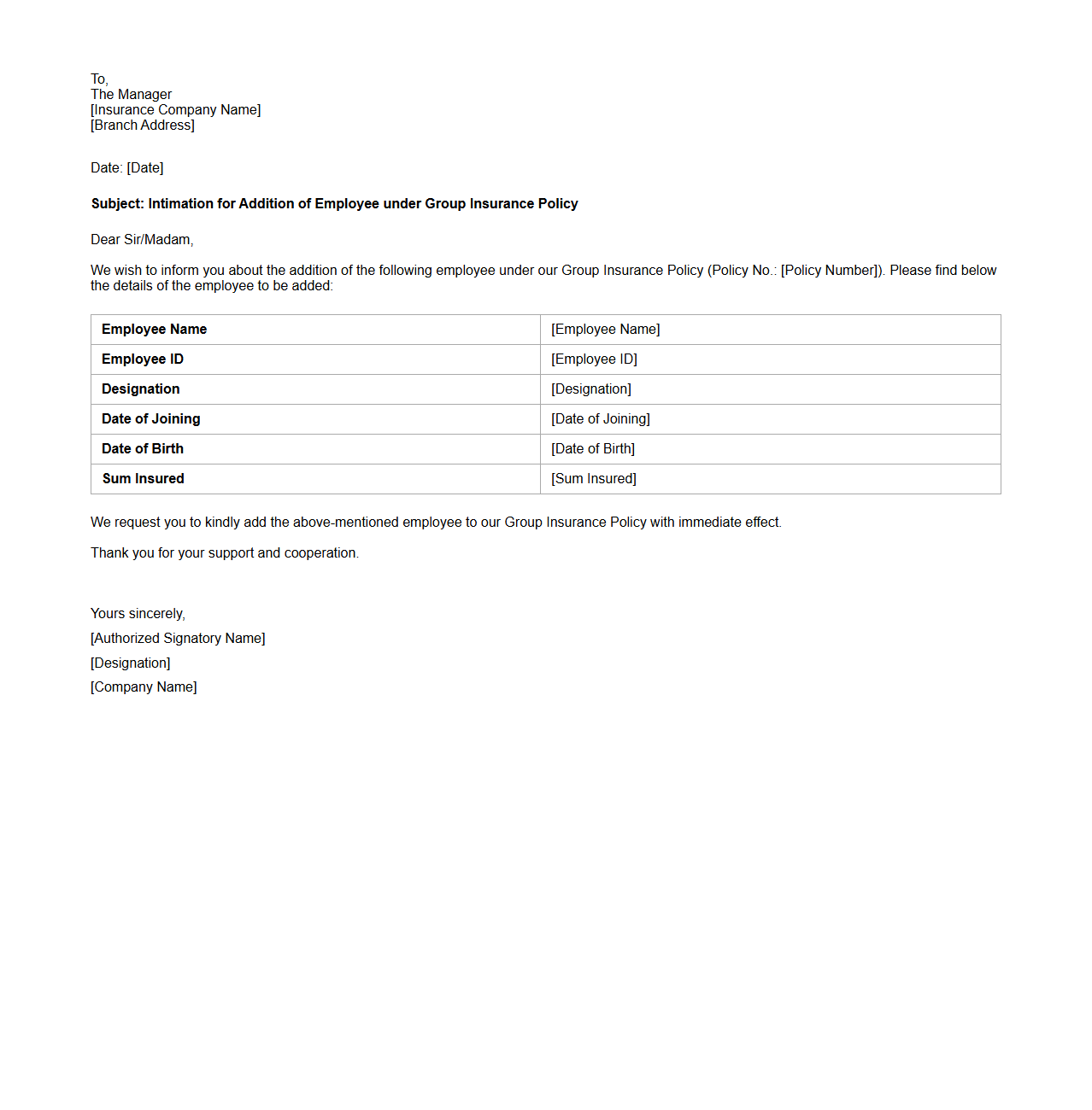 Employee Addition Intimation Letter for Group Insurance