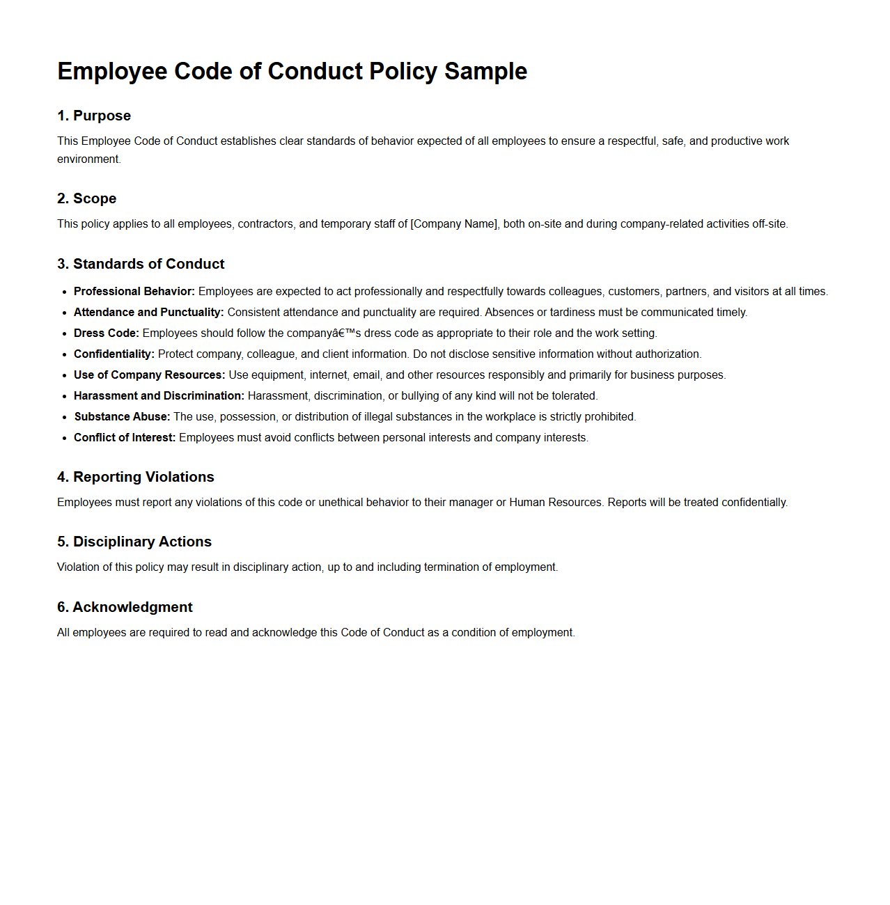Employee Code of Conduct Policy Sample