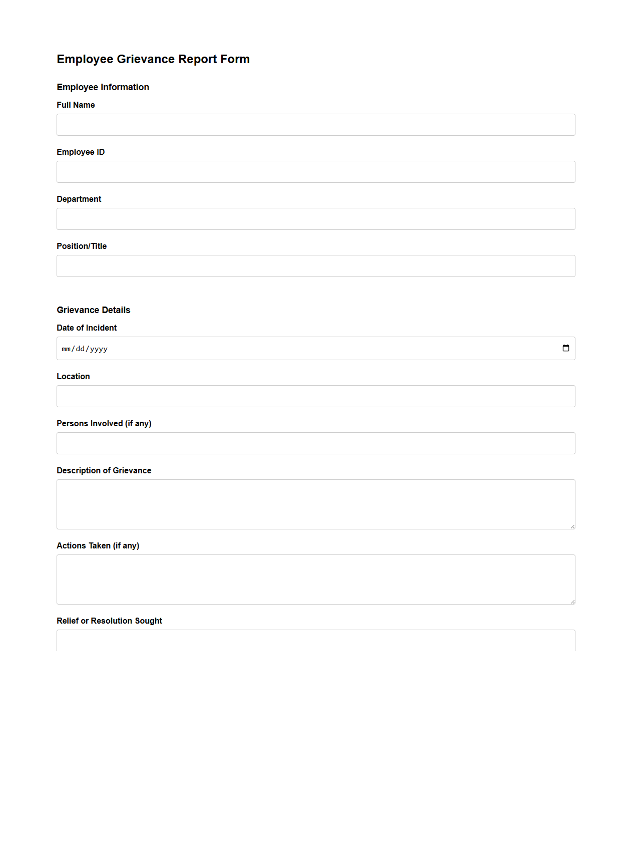 Employee Grievance Report Form Template