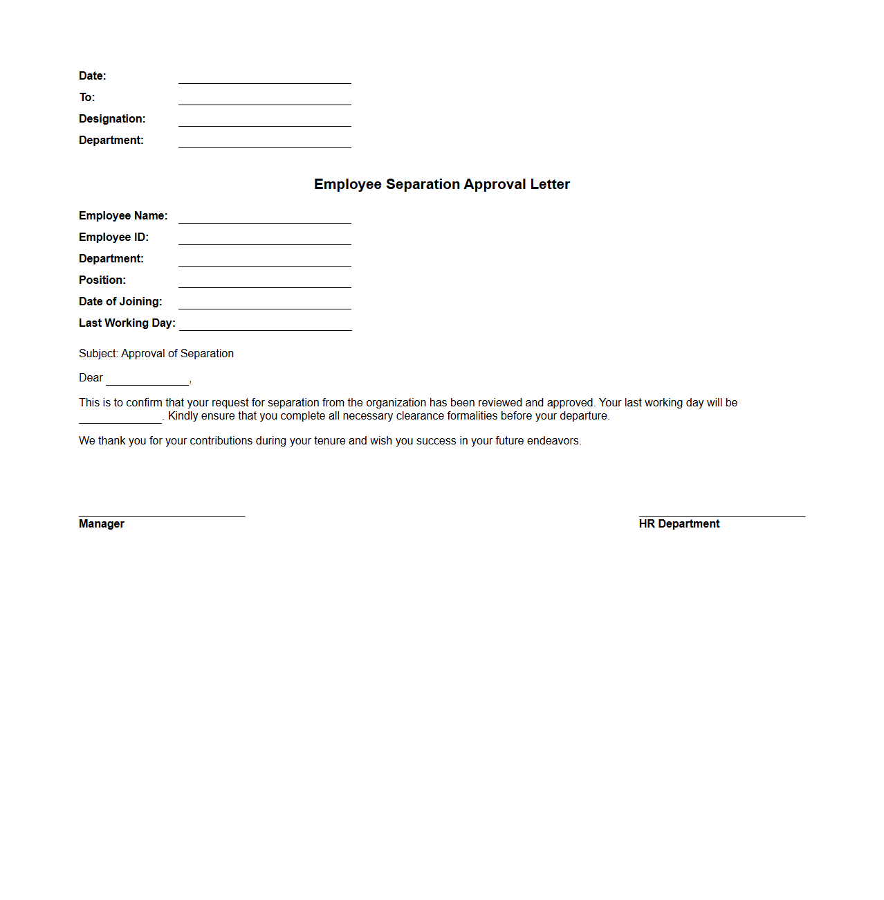 Employee Separation Approval Letter Format