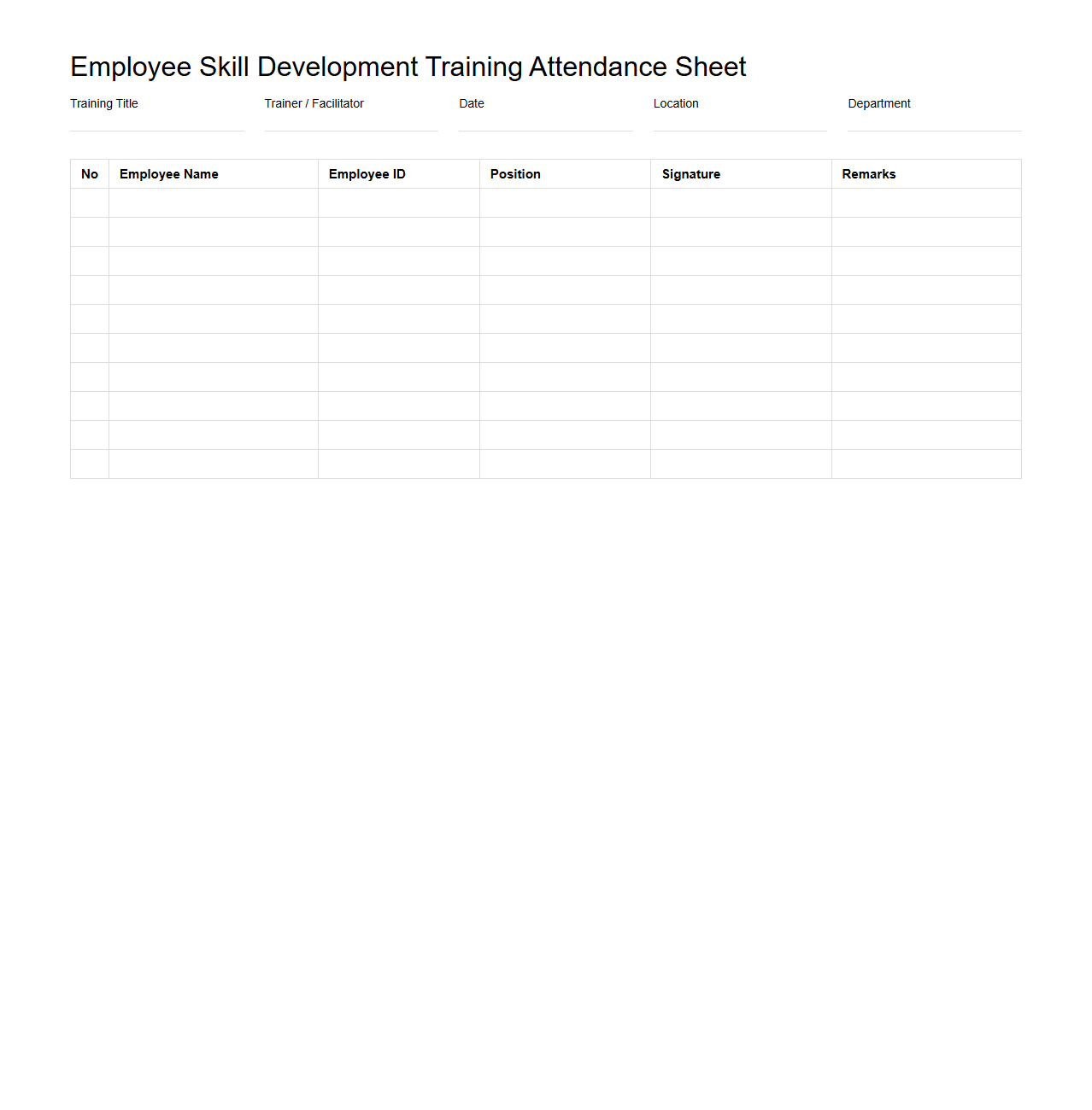 Employee Skill Development Training Attendance Sheet