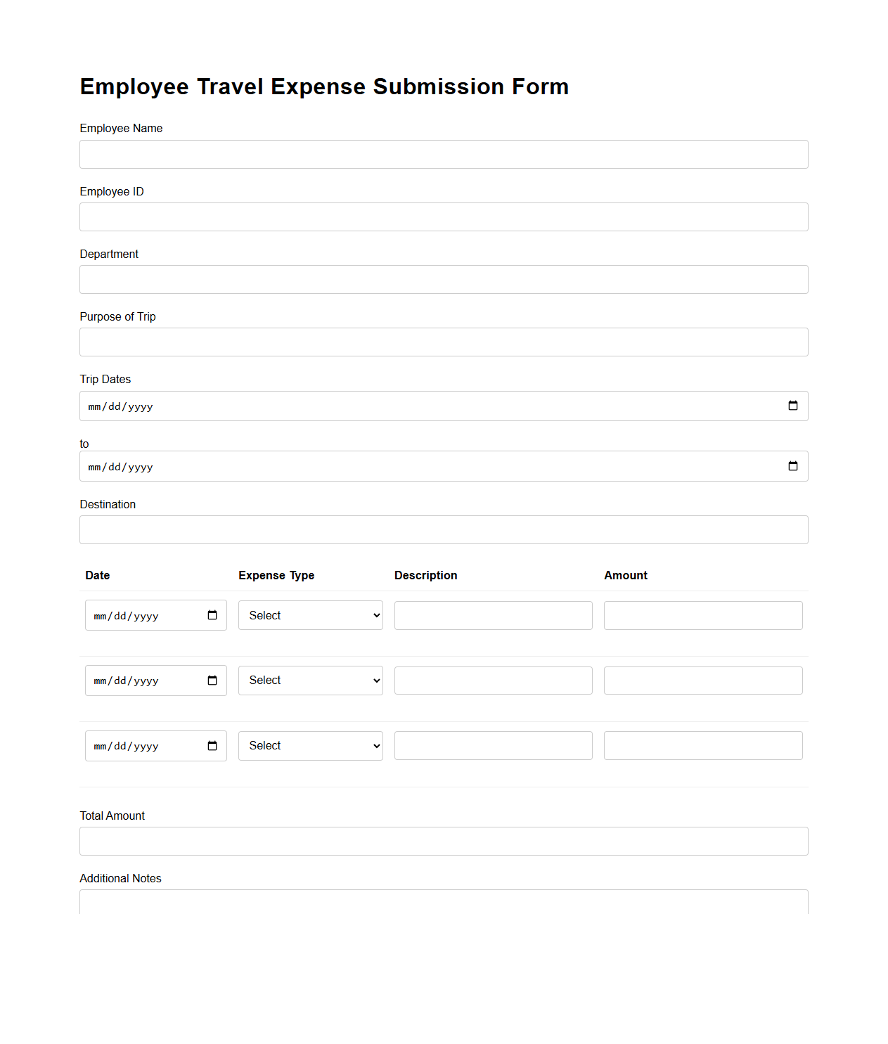 Employee Travel Expense Submission Form