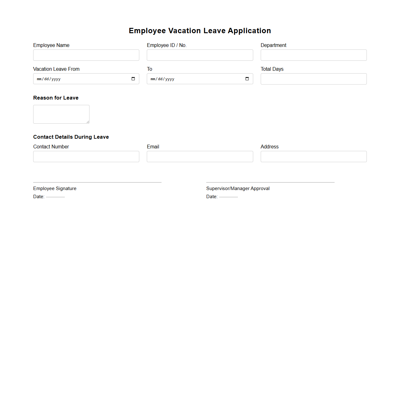 Employee Vacation Leave Application Format