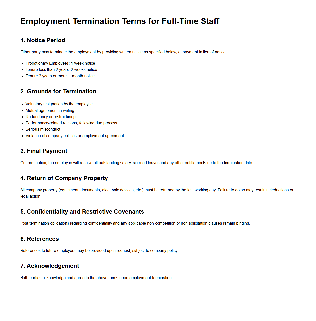 Employment Termination Terms for Full-Time Staff