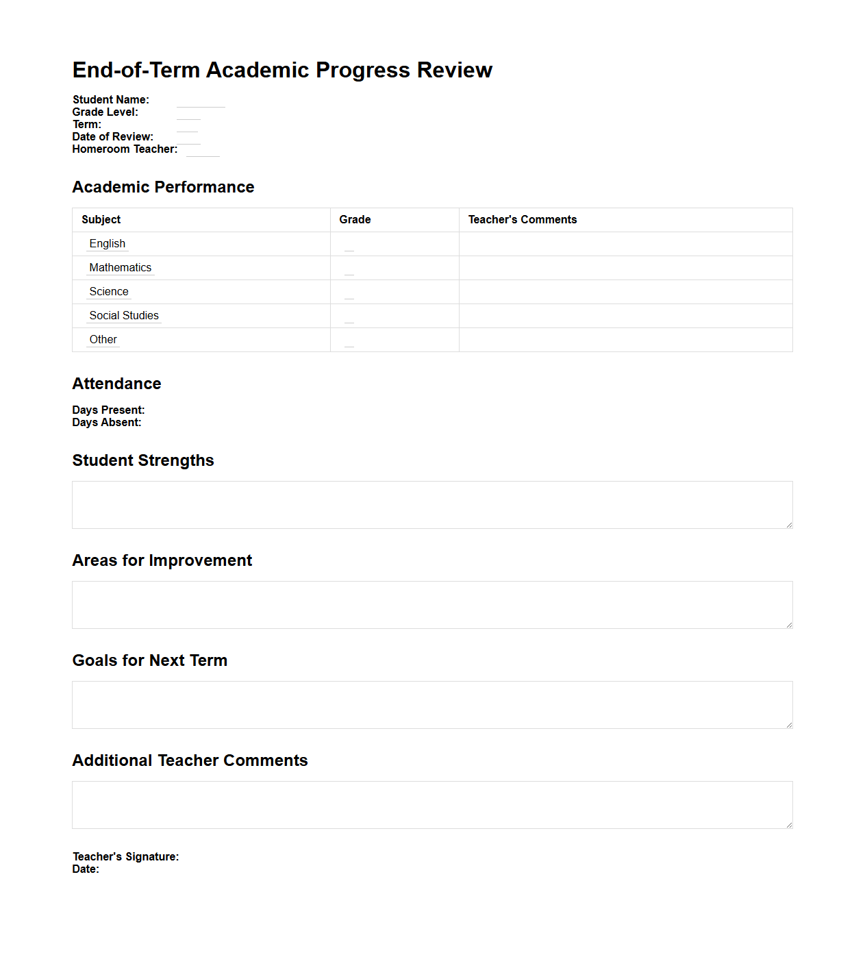 End-of-Term Academic Progress Review for Secondary Students