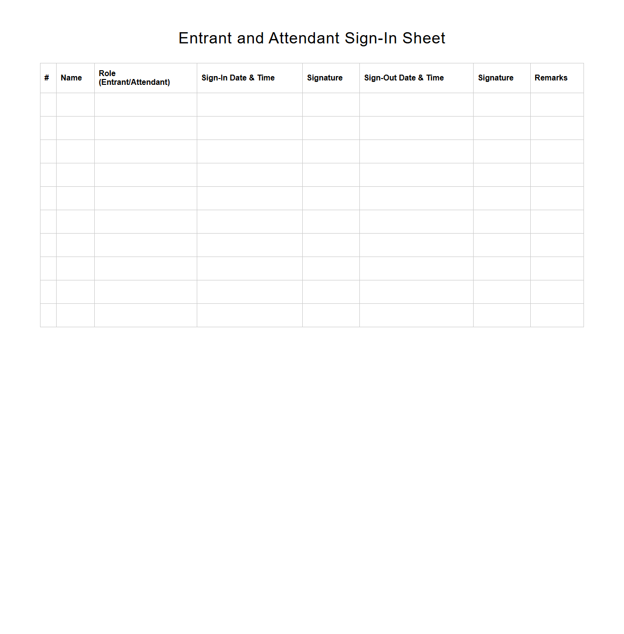 Entrant and Attendant Sign-In Sheet