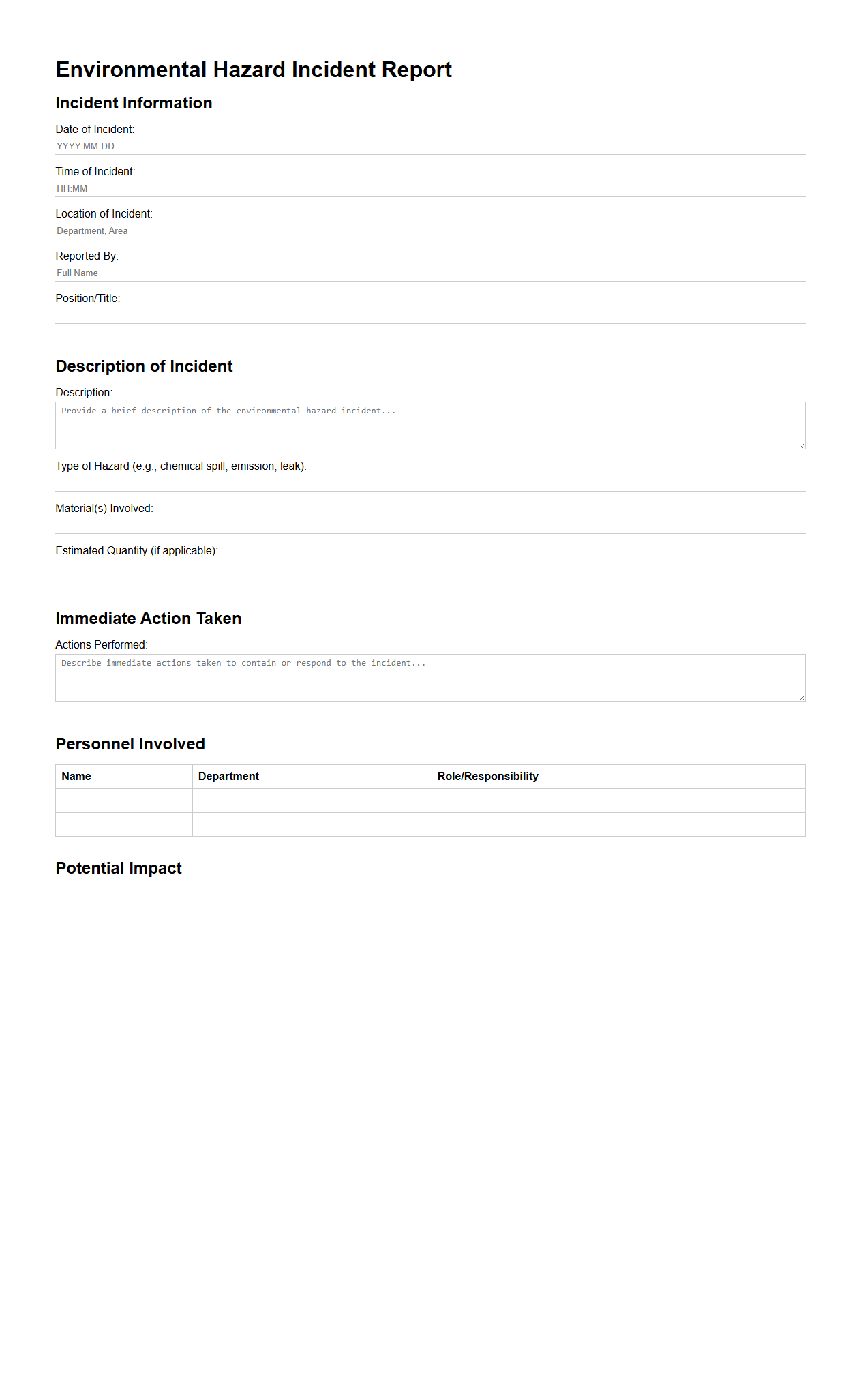 Environmental Hazard Incident Report Document Sample for Manufacturing