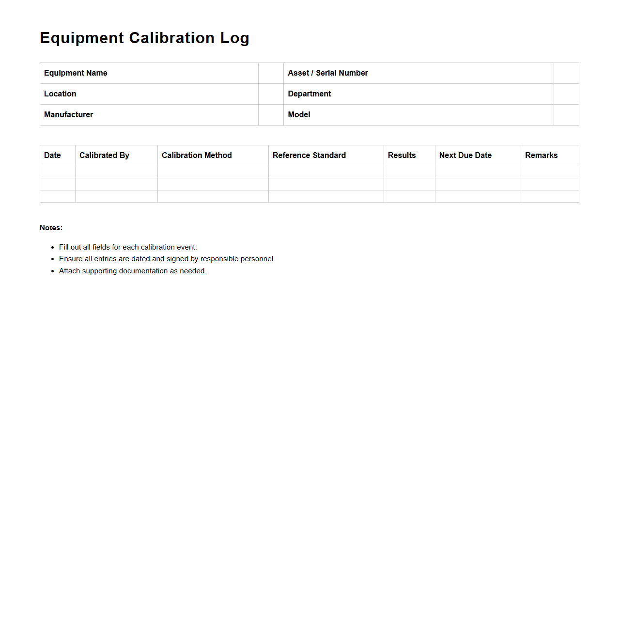 Equipment Calibration Log Template for Manufacturing