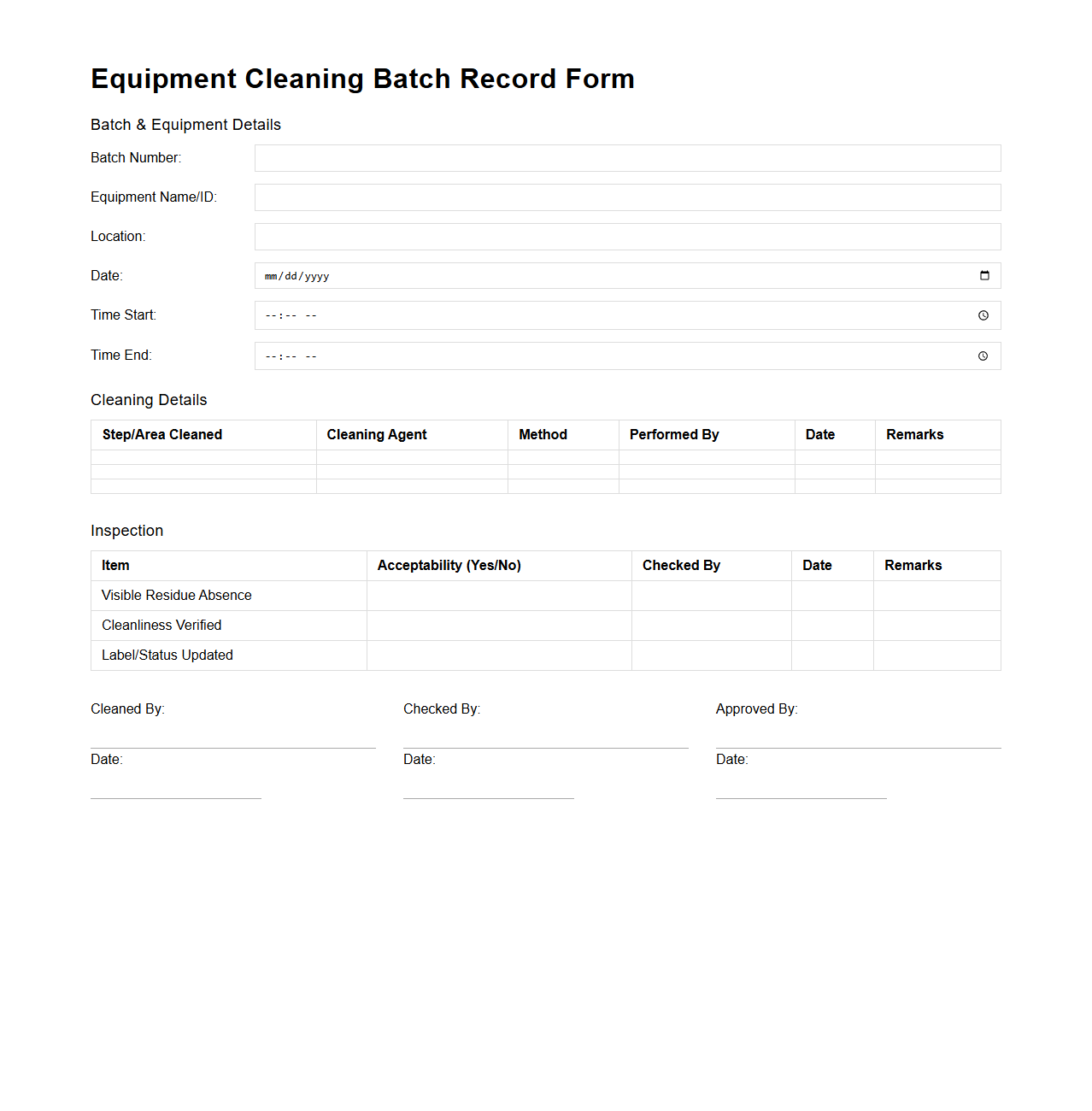 Equipment Cleaning Batch Record Form