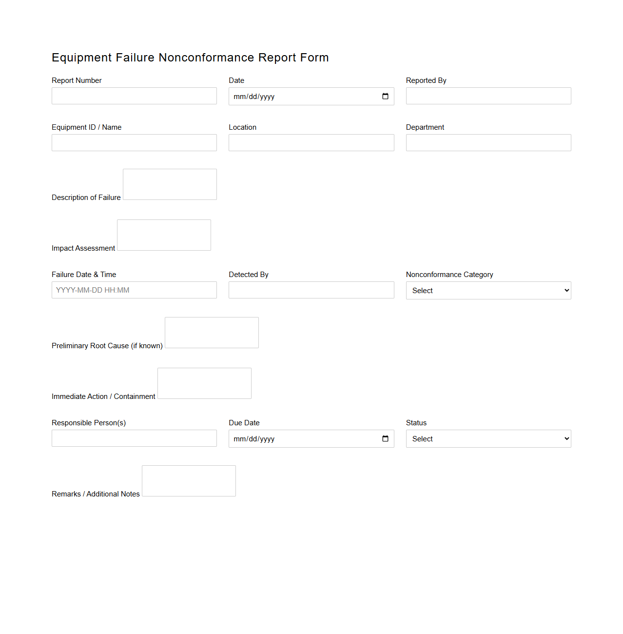 Equipment Failure Nonconformance Report Form