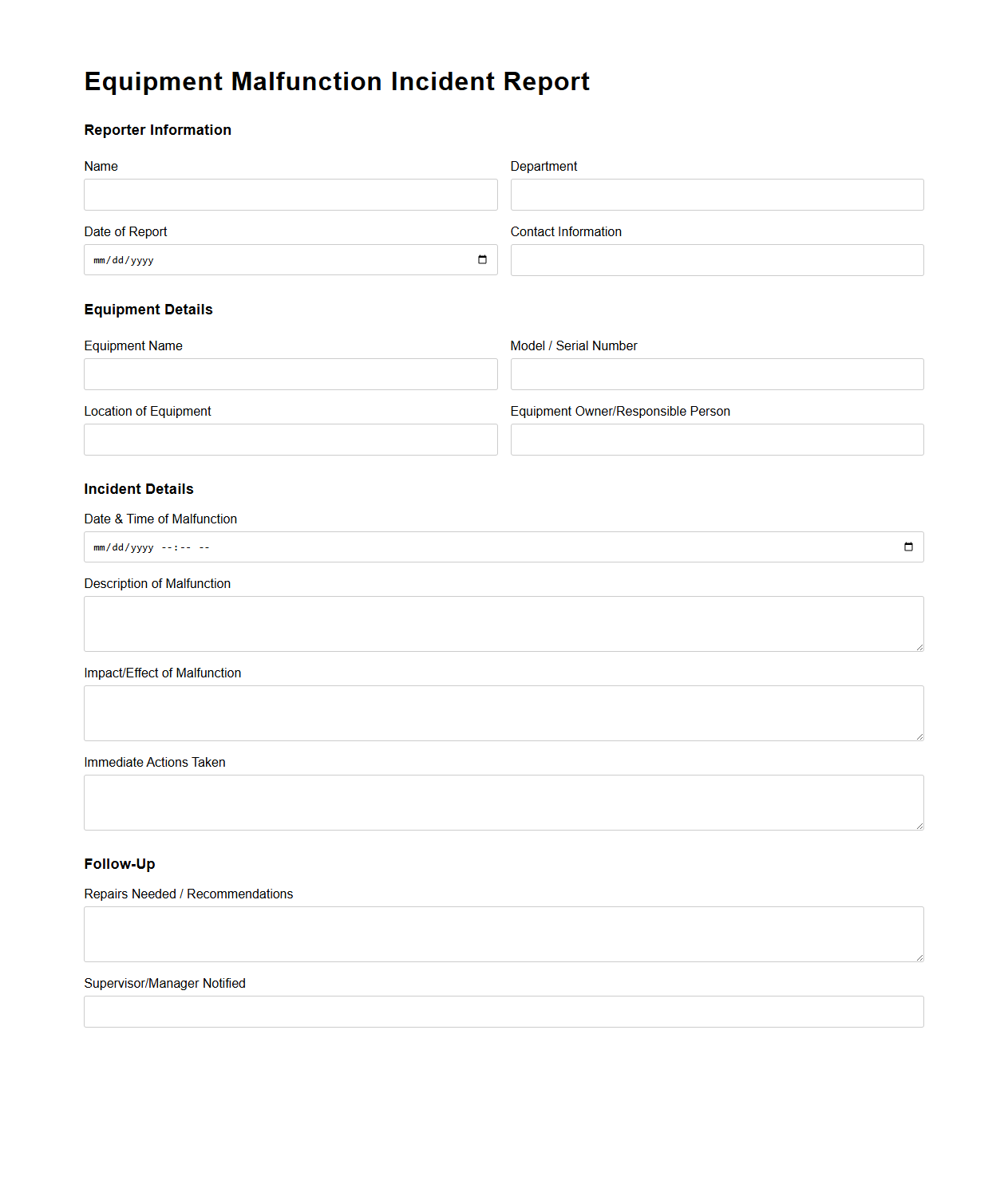 Equipment Malfunction Incident Report Template