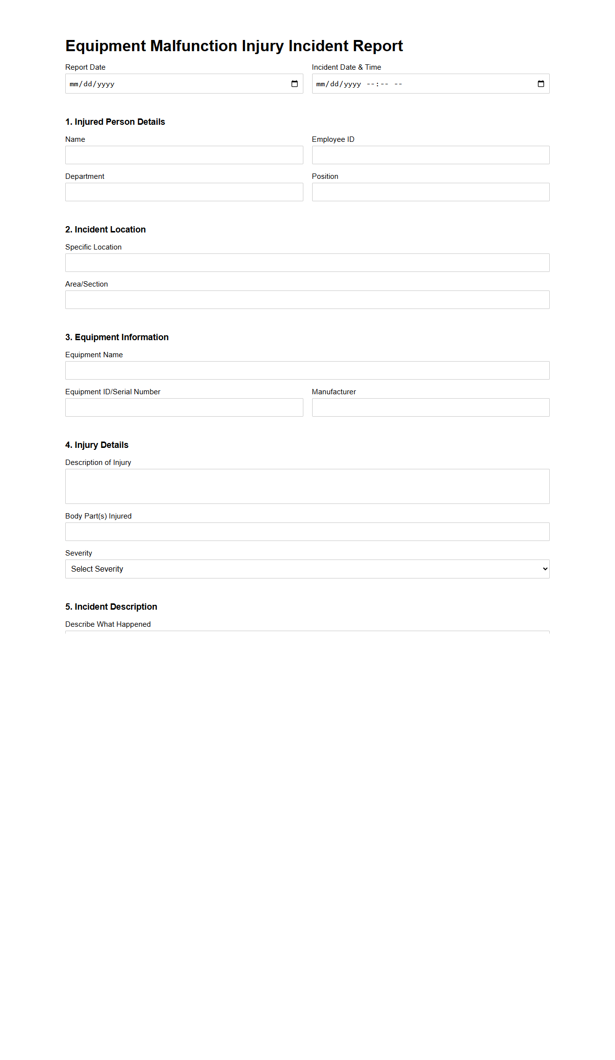 Equipment Malfunction Injury Incident Report Sample