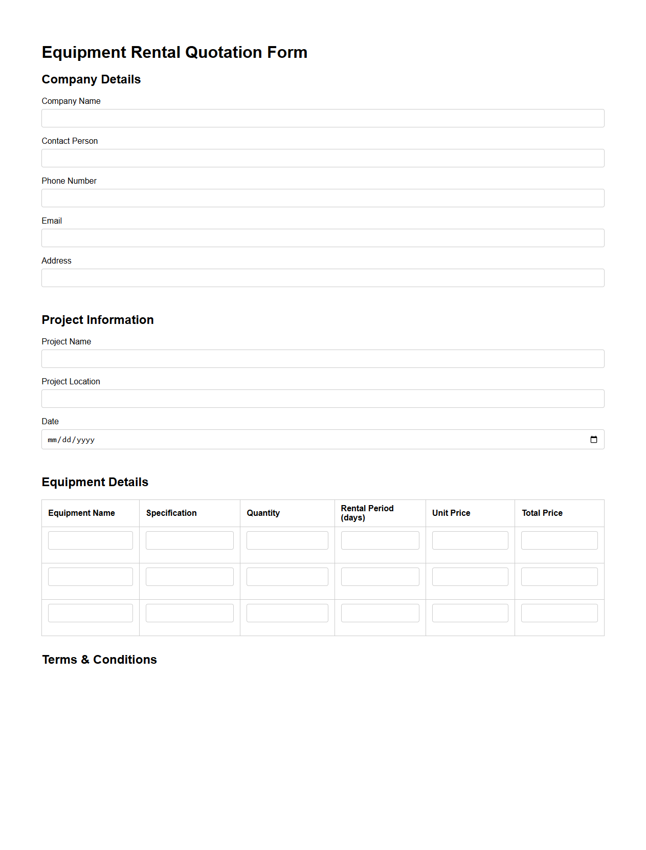 Equipment Rental Quotation Form for Construction