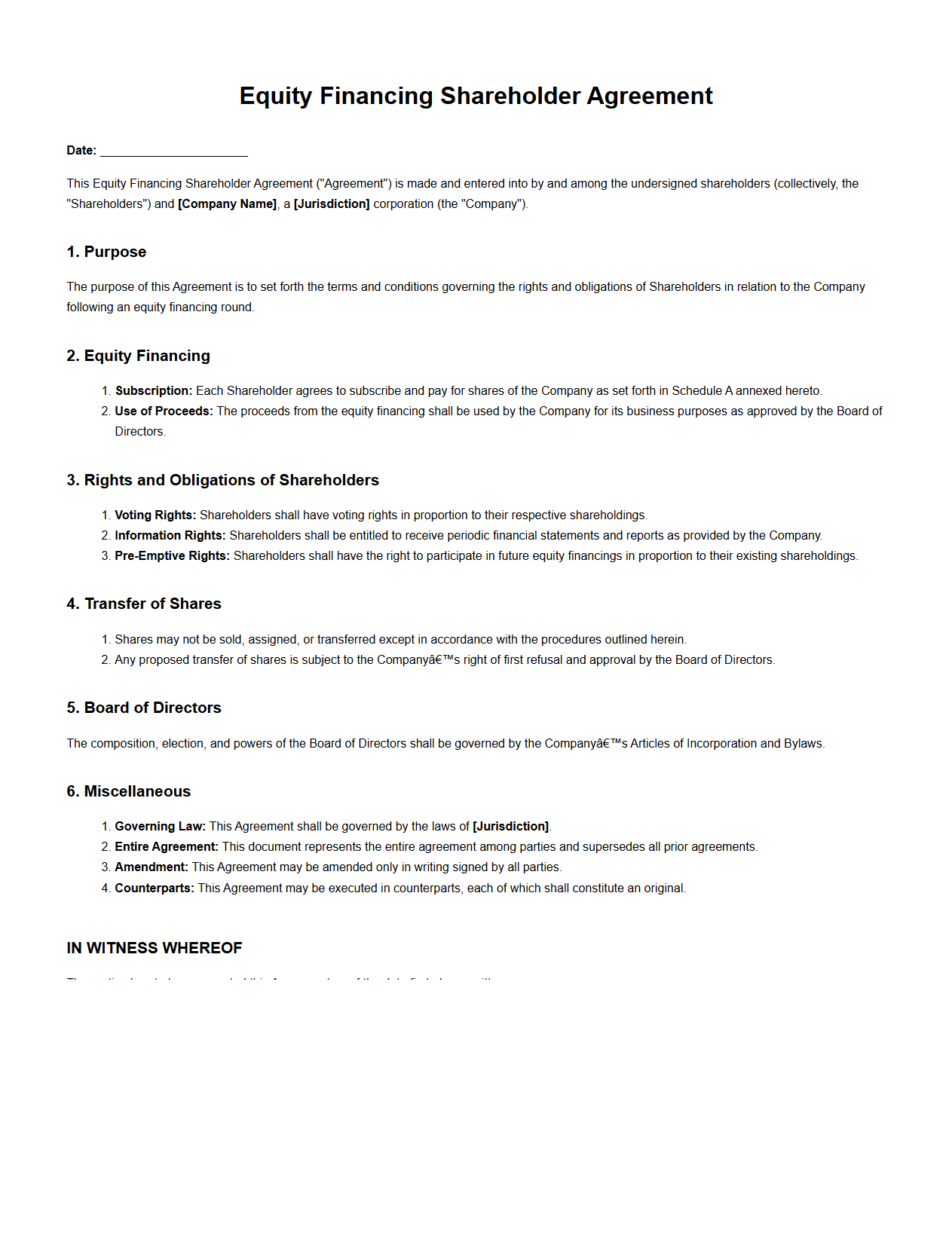 Equity Financing Shareholder Agreement Template