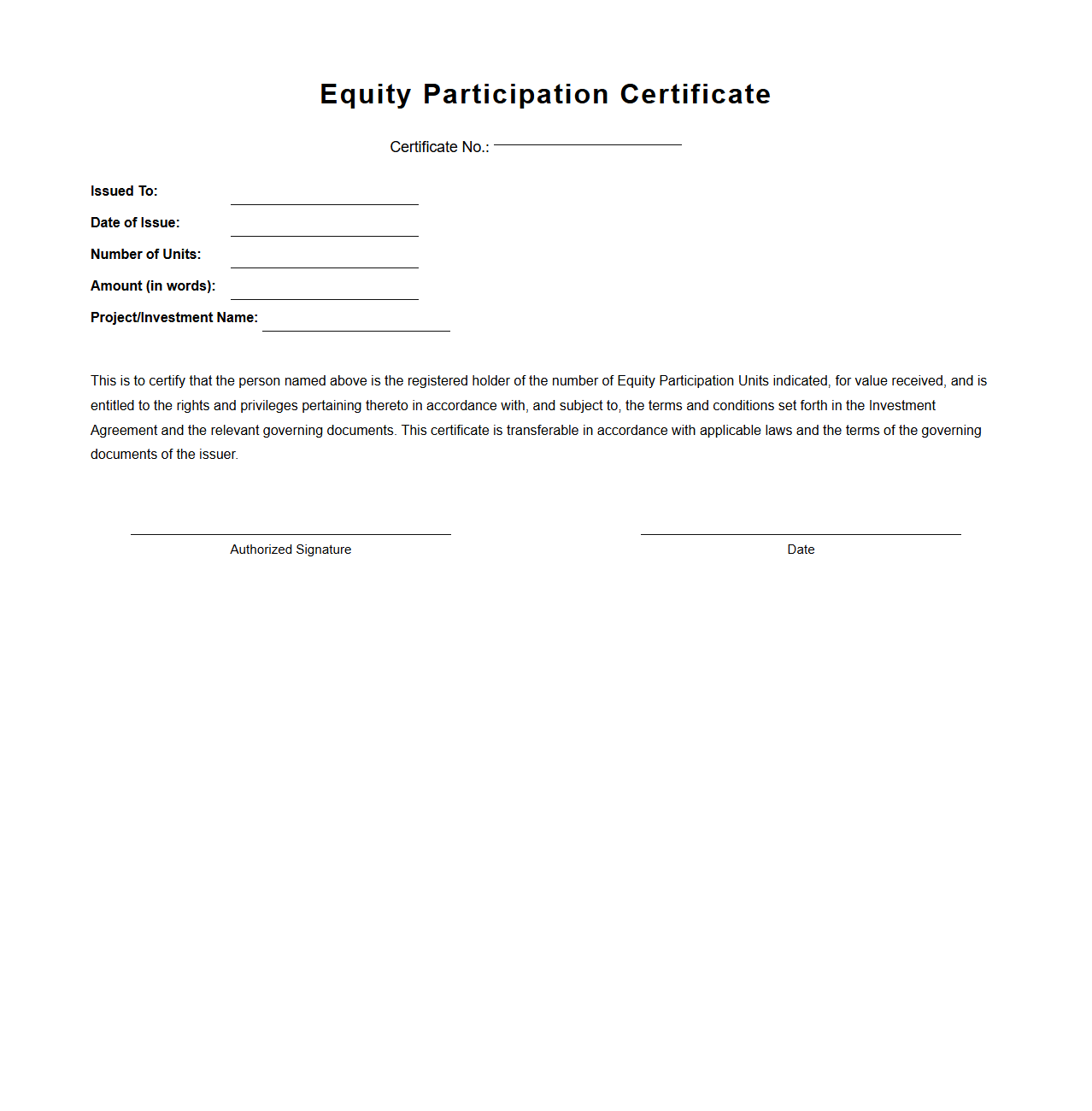 Equity Participation Certificate Sample