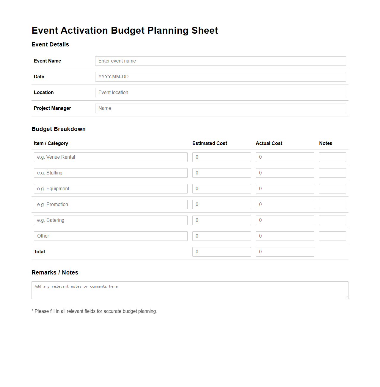Event Activation Budget Planning Sheet