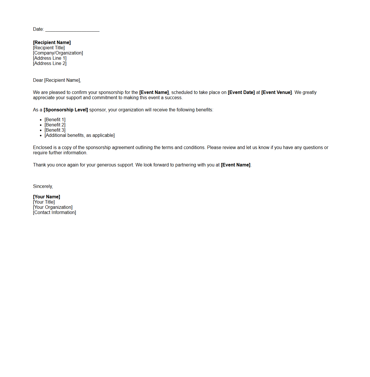 Event Sponsorship Confirmation Letter Sample