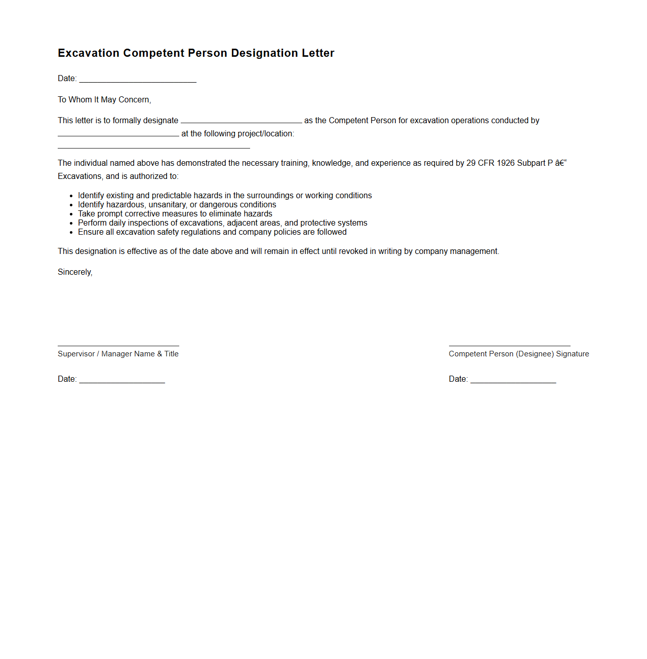 Excavation Competent Person Designation Letter