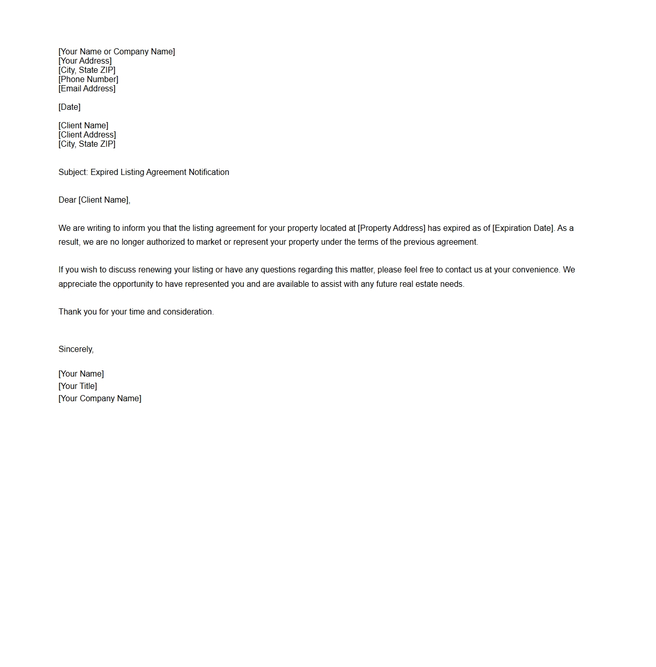 Expired Listing Agreement Notification Letter