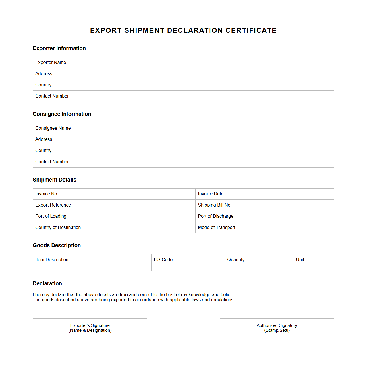 Export Shipment Declaration Certificate Example