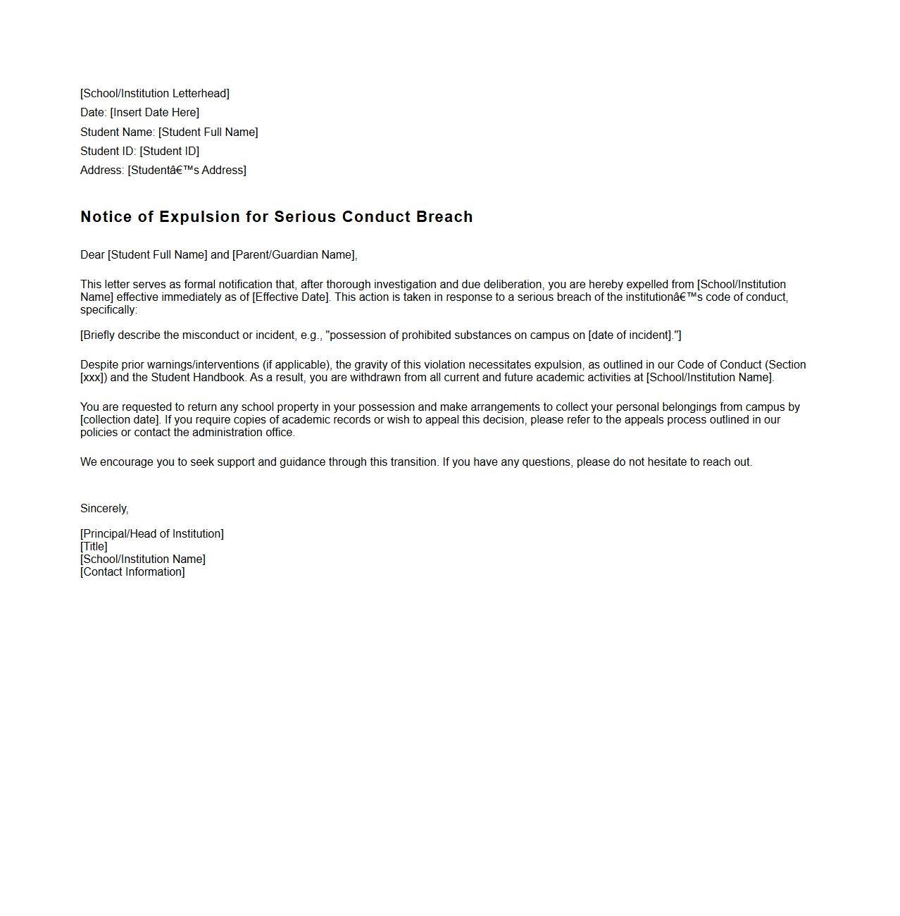 Expulsion Letter for Serious Conduct Breach