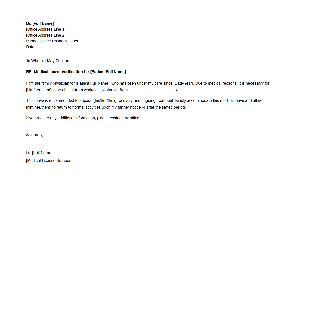 Family Doctor Letter for Medical Leave Verification