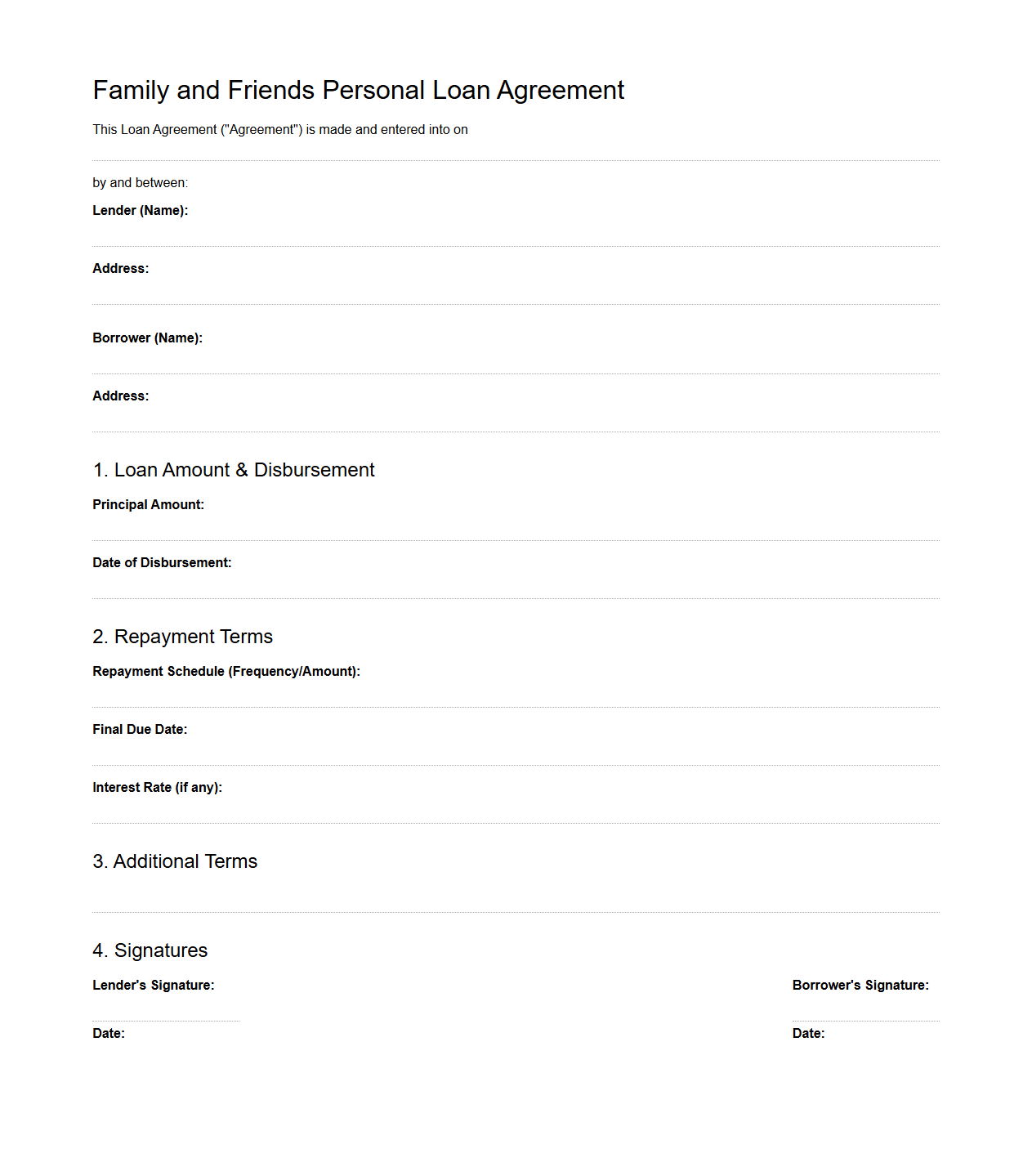 Family and Friends Personal Loan Agreement Example