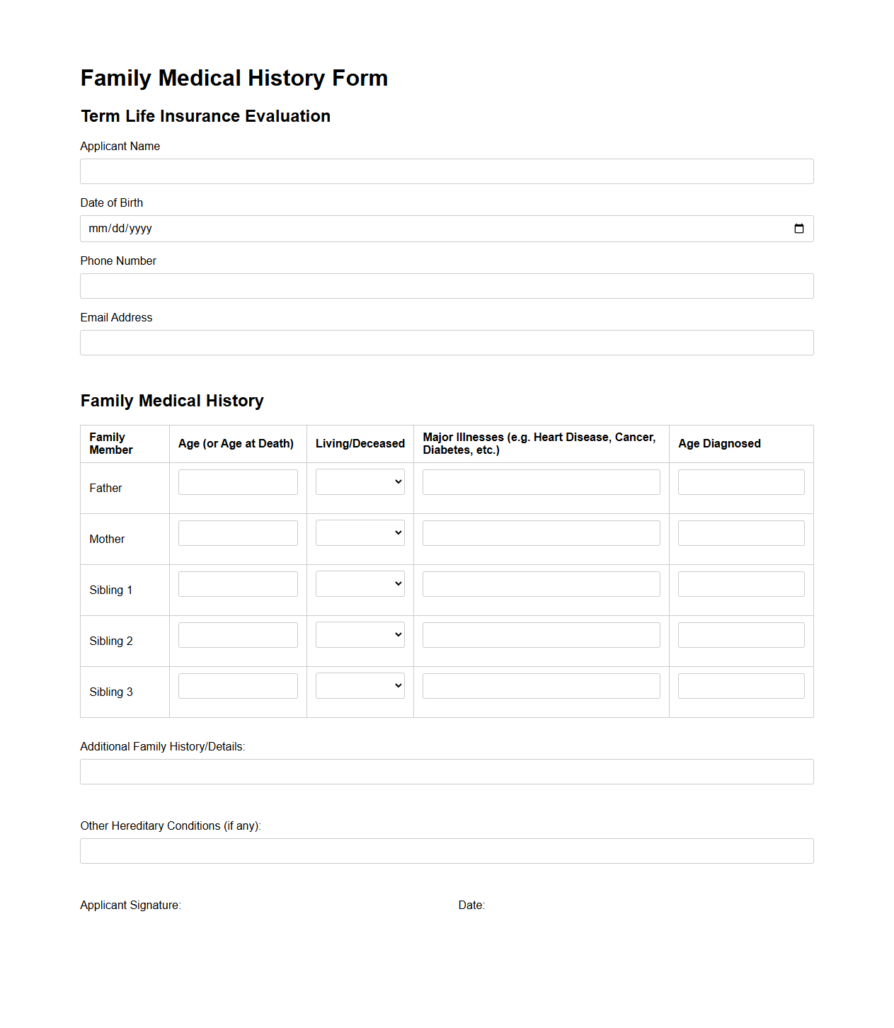 Family Medical History Form for Term Life Insurance Evaluation