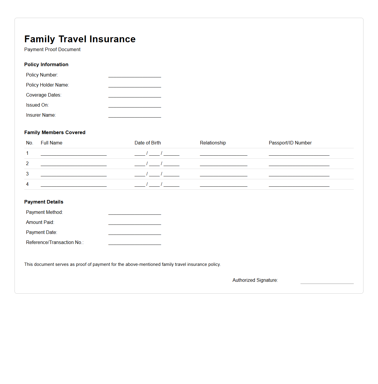 Family Travel Insurance Payment Proof Document