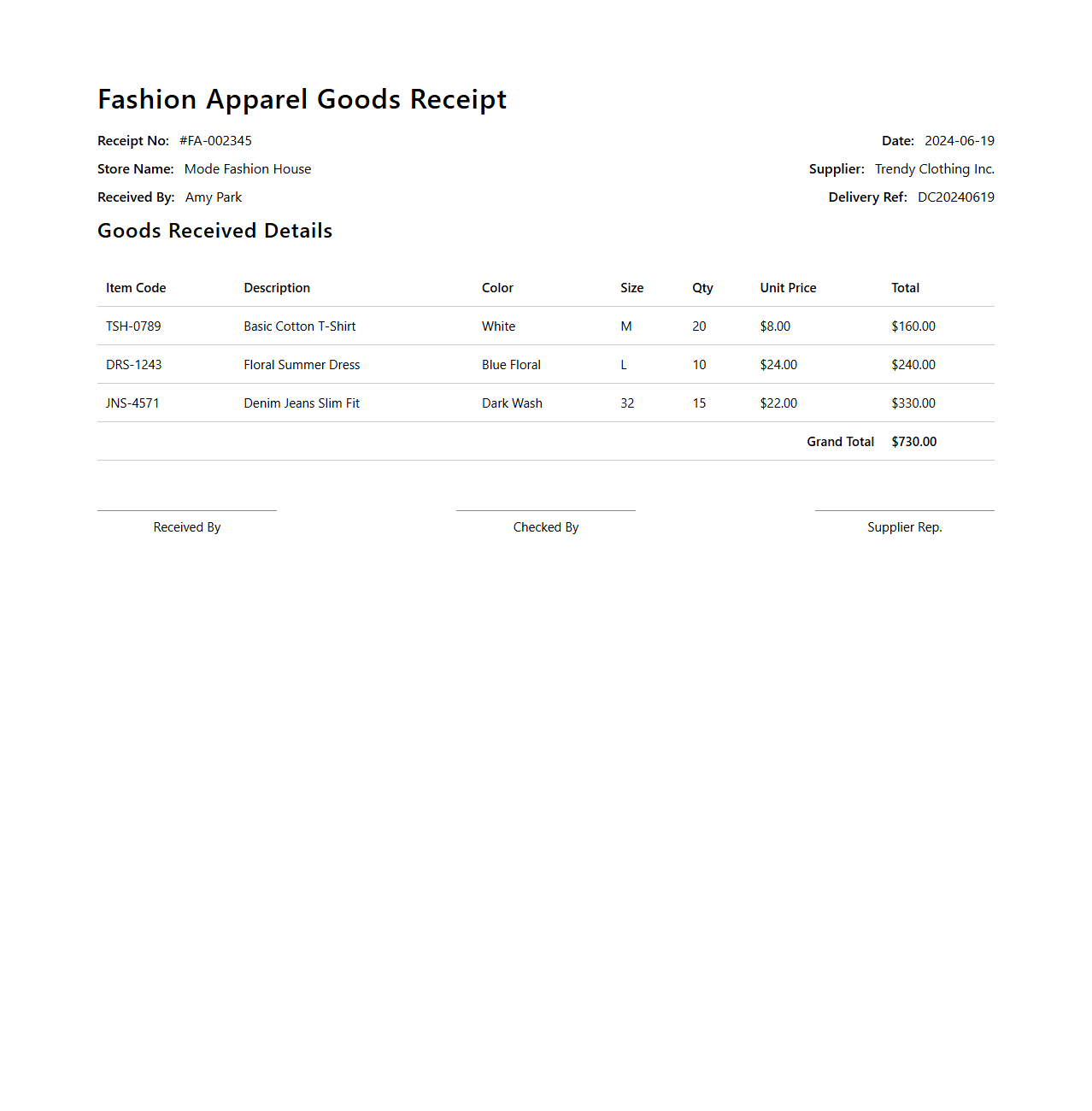 Fashion Apparel Goods Receipt Example for Clothing Stores