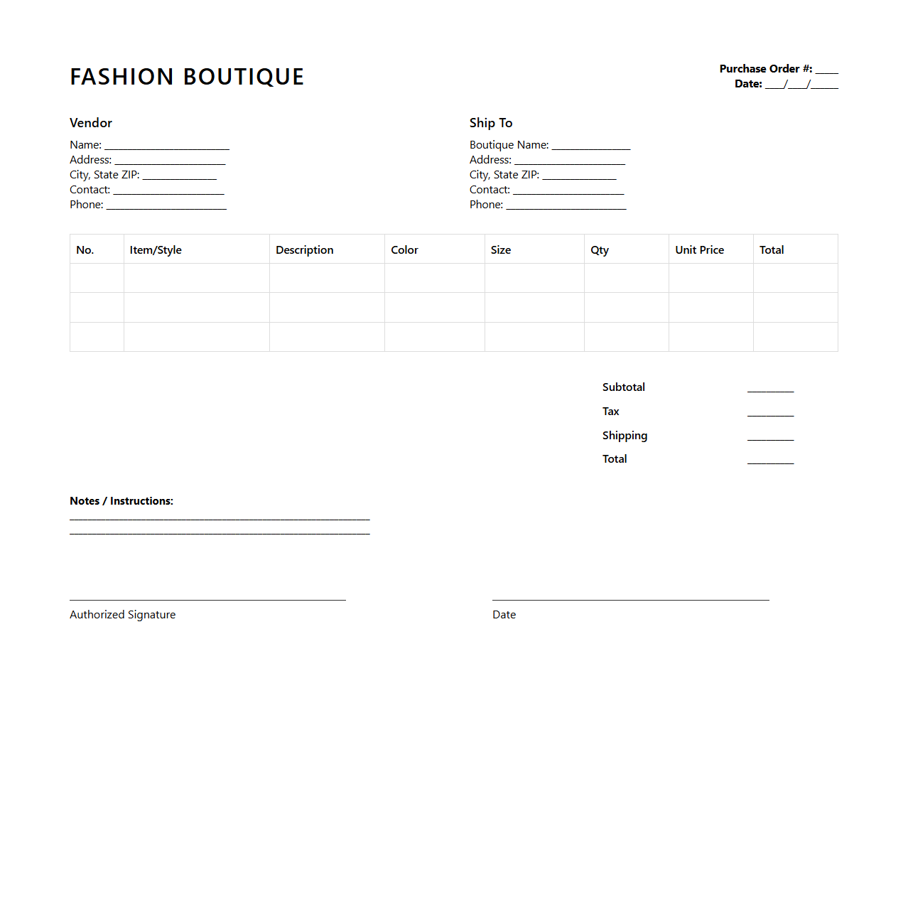 Fashion Boutique Purchase Order Document