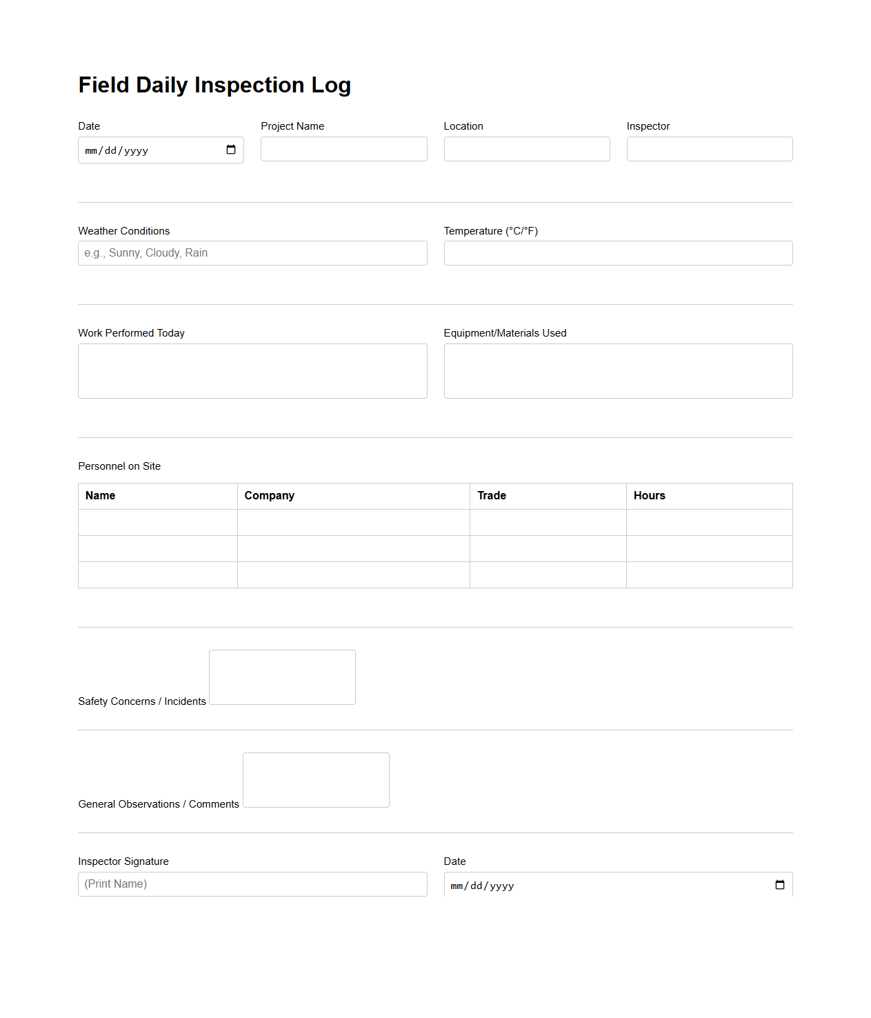 Field Daily Inspection Log for Construction