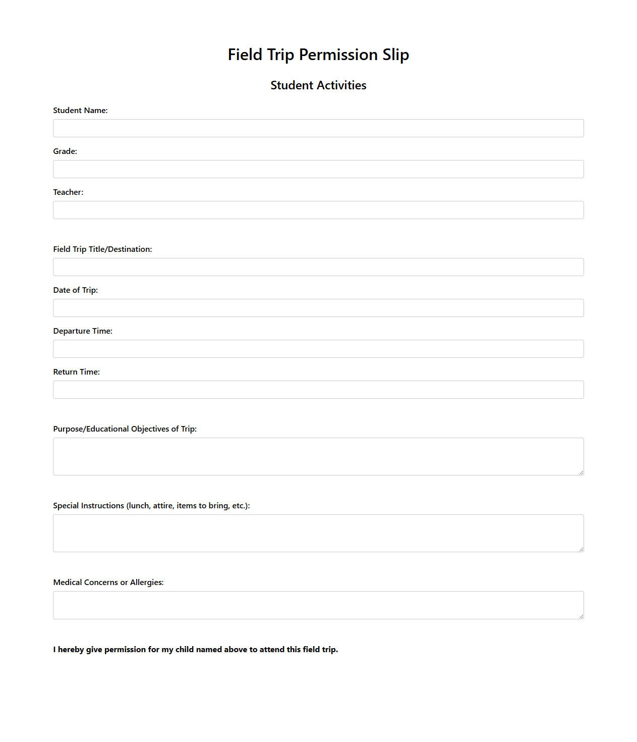 Field Trip Permission Slip Template for Student Activities