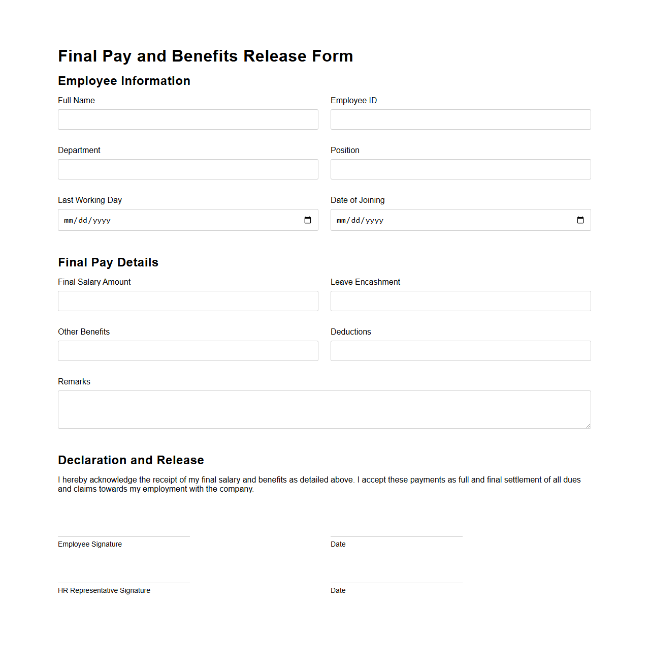 Final Pay and Benefits Release Form Example