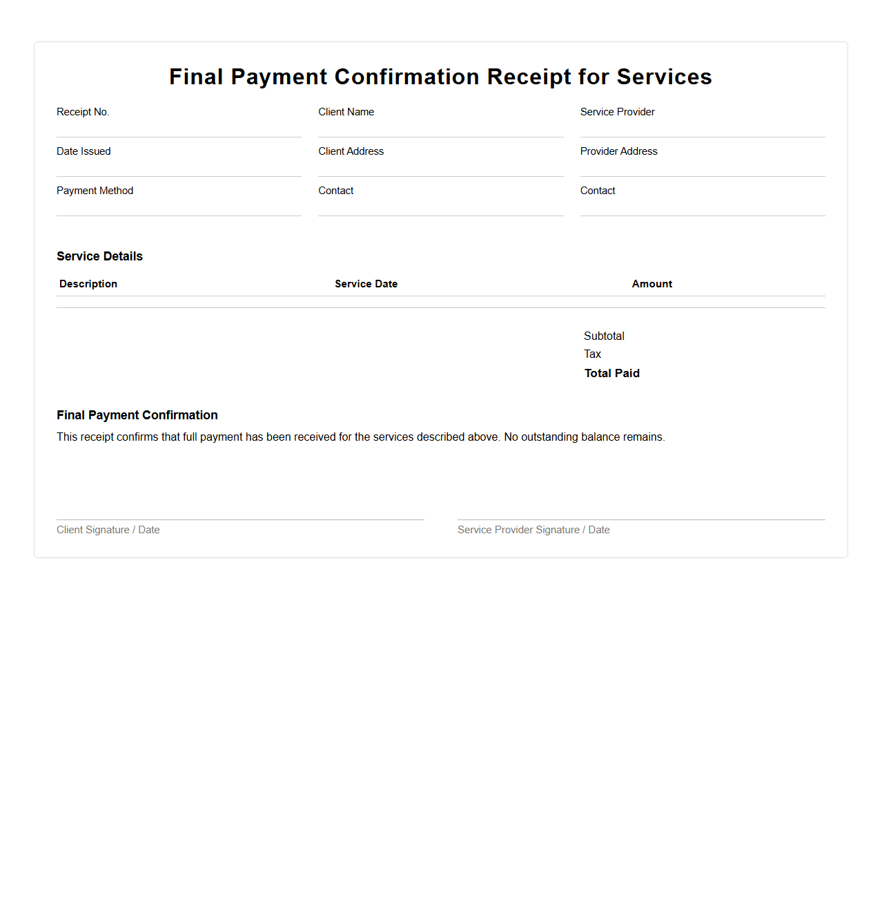 Final Payment Confirmation Receipt for Services