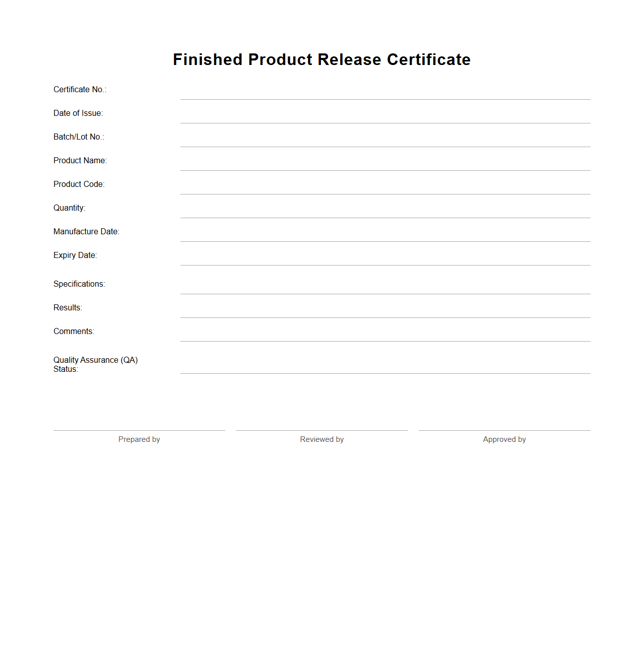 Finished Product Release Certificate