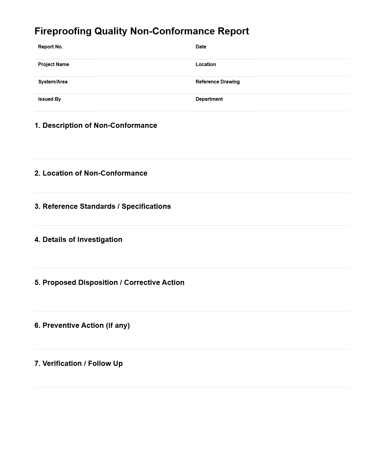 Fireproofing Quality Non-Conformance Report