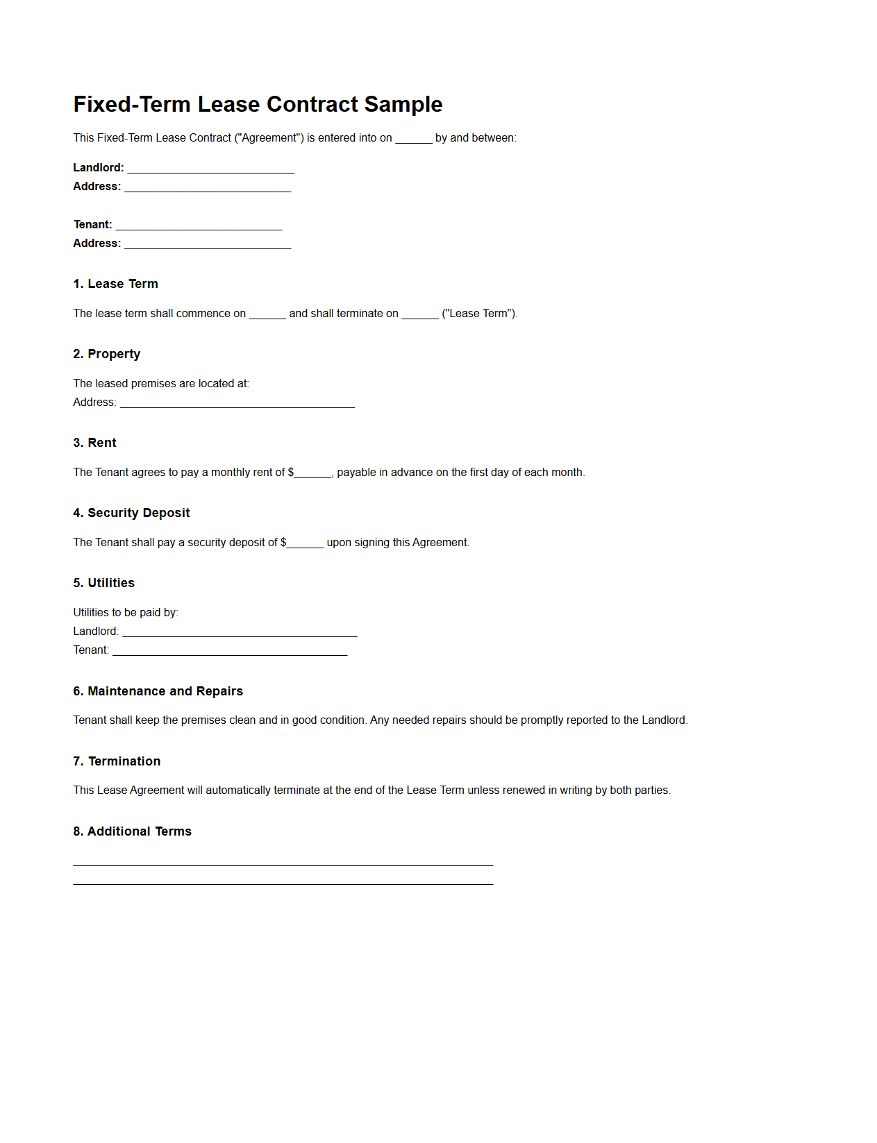 Fixed-Term Lease Contract Sample