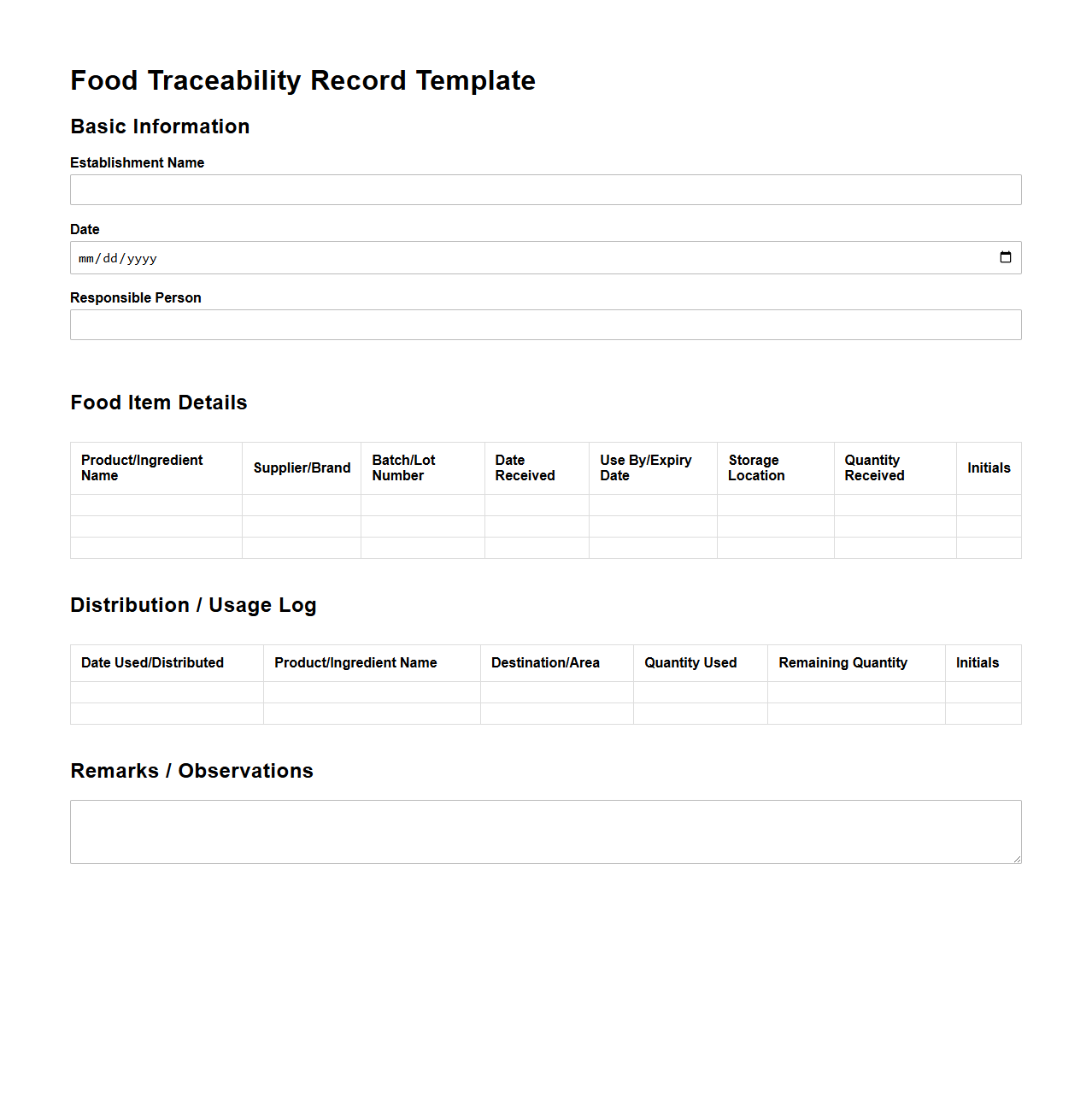 Food Traceability Record Template for Hospitality Establishments