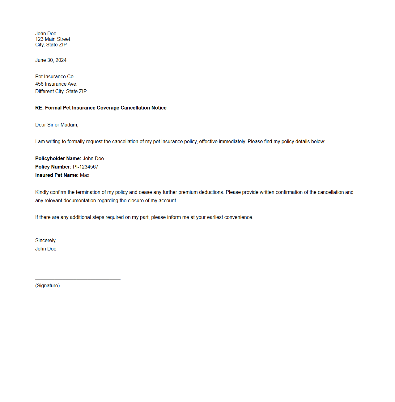 Formal Pet Insurance Coverage Cancellation Notice