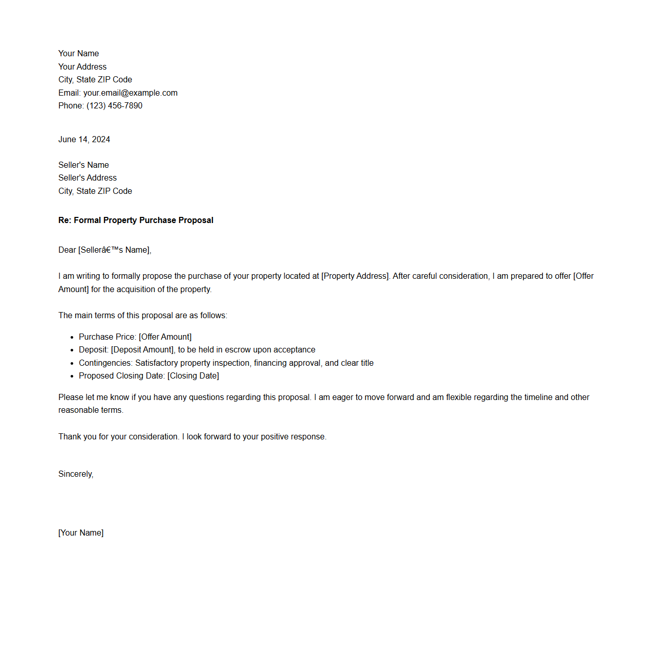 Formal Property Purchase Proposal Letter