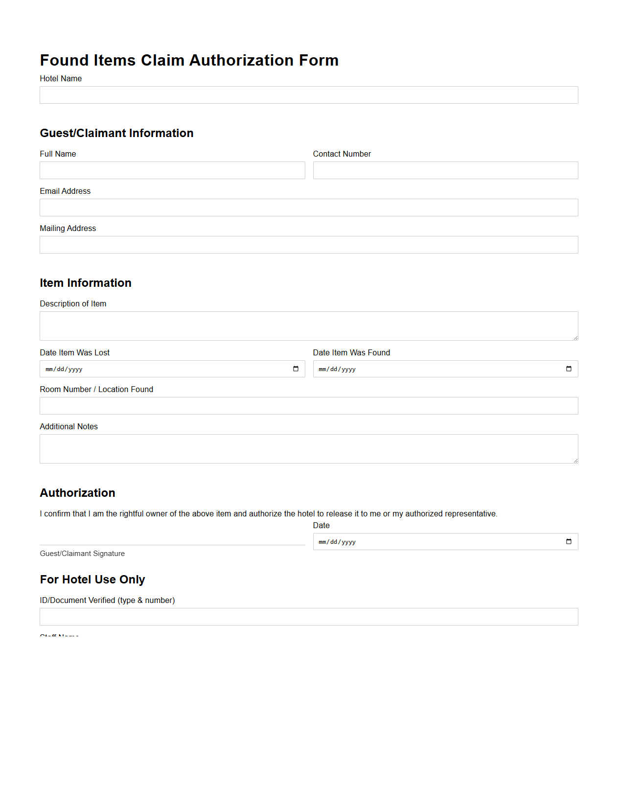Found Items Claim Authorization Form for Hotels
