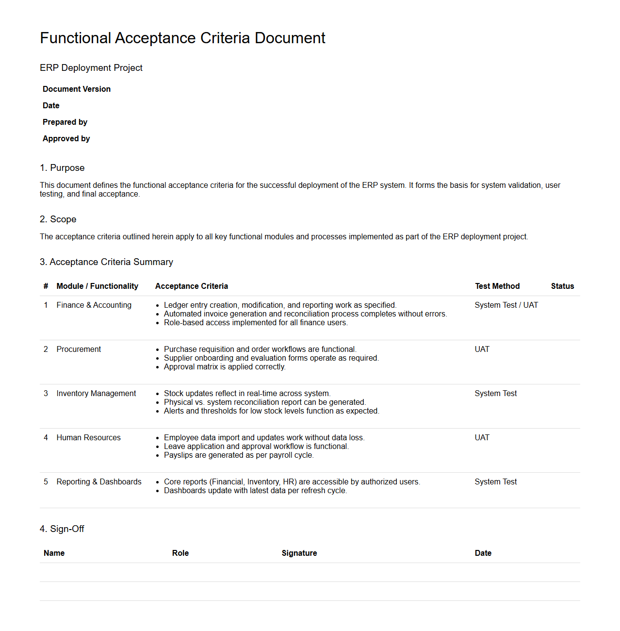 Functional Acceptance Criteria Document for ERP Deployment